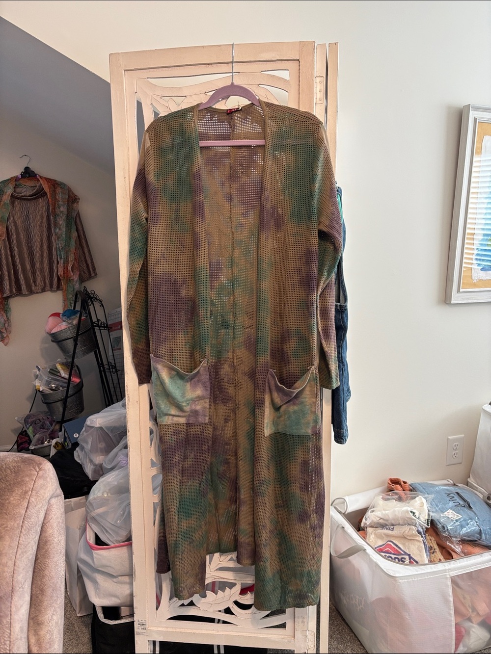Long Open-Front Knit Cardigan Jacket in Olive Tie-Dye